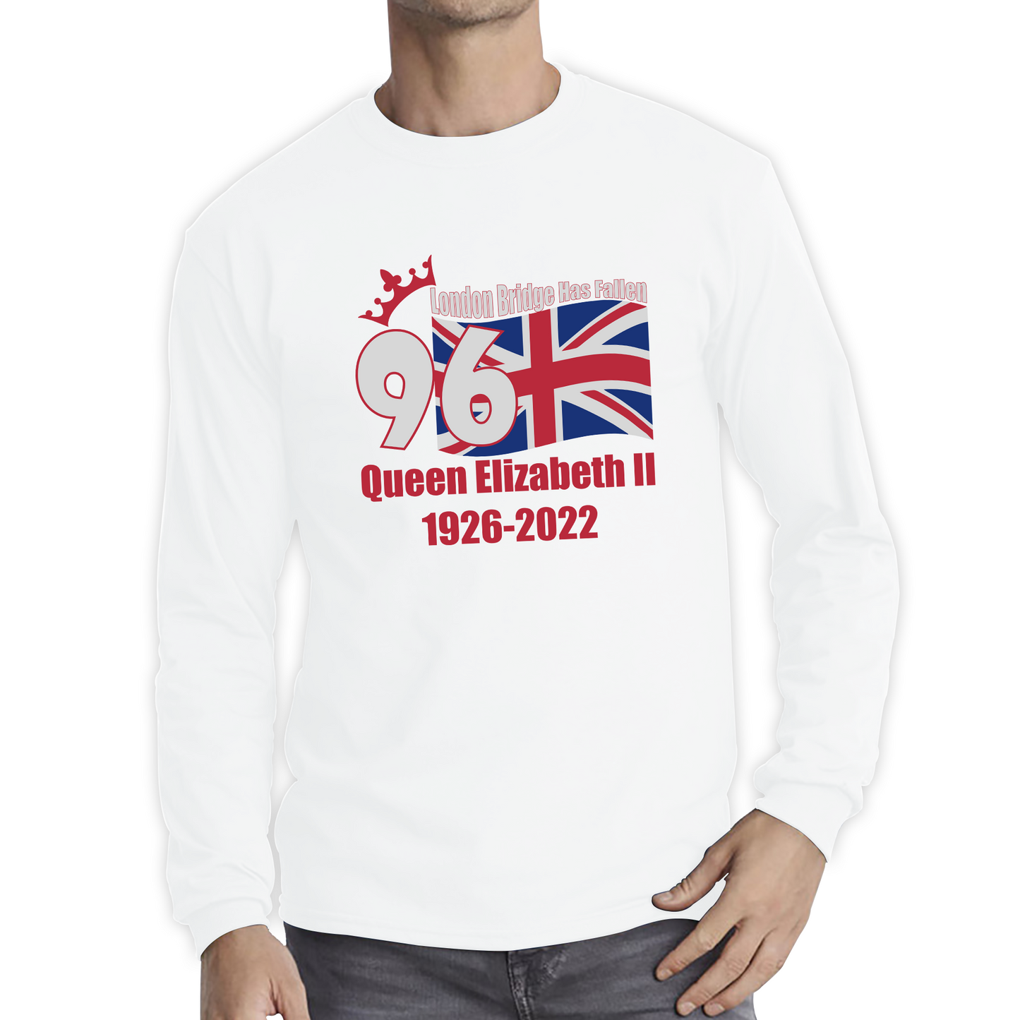 London Bridge Has Fallen 96 Years of Queen Elizabeth II Union Jack British Uk Flag Long Sleeve T Shirt