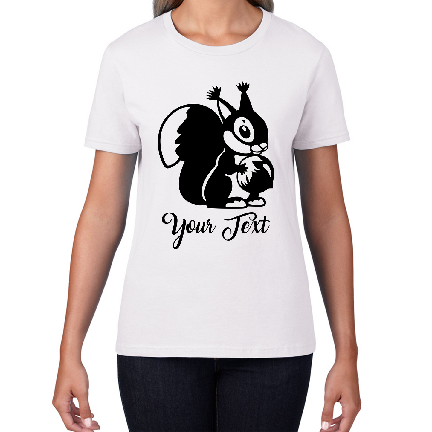 Personalised Cartoon Squirrel Holding Acorn Your Name Cute Squirrel Animal Womens Tee Top