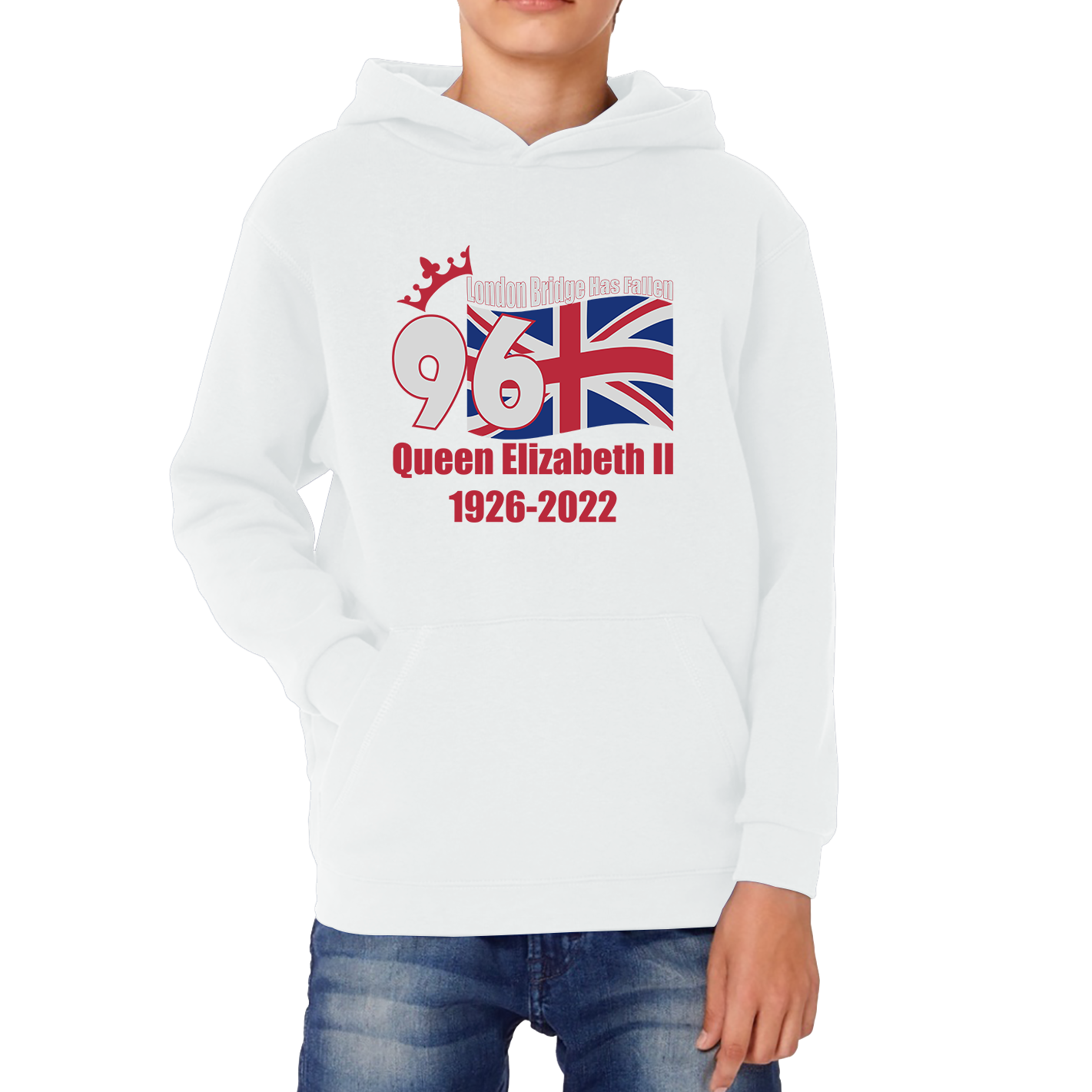 London Bridge Has Fallen 96 Years of Queen Elizabeth II Union Jack British Uk Flag Kids Hoodie
