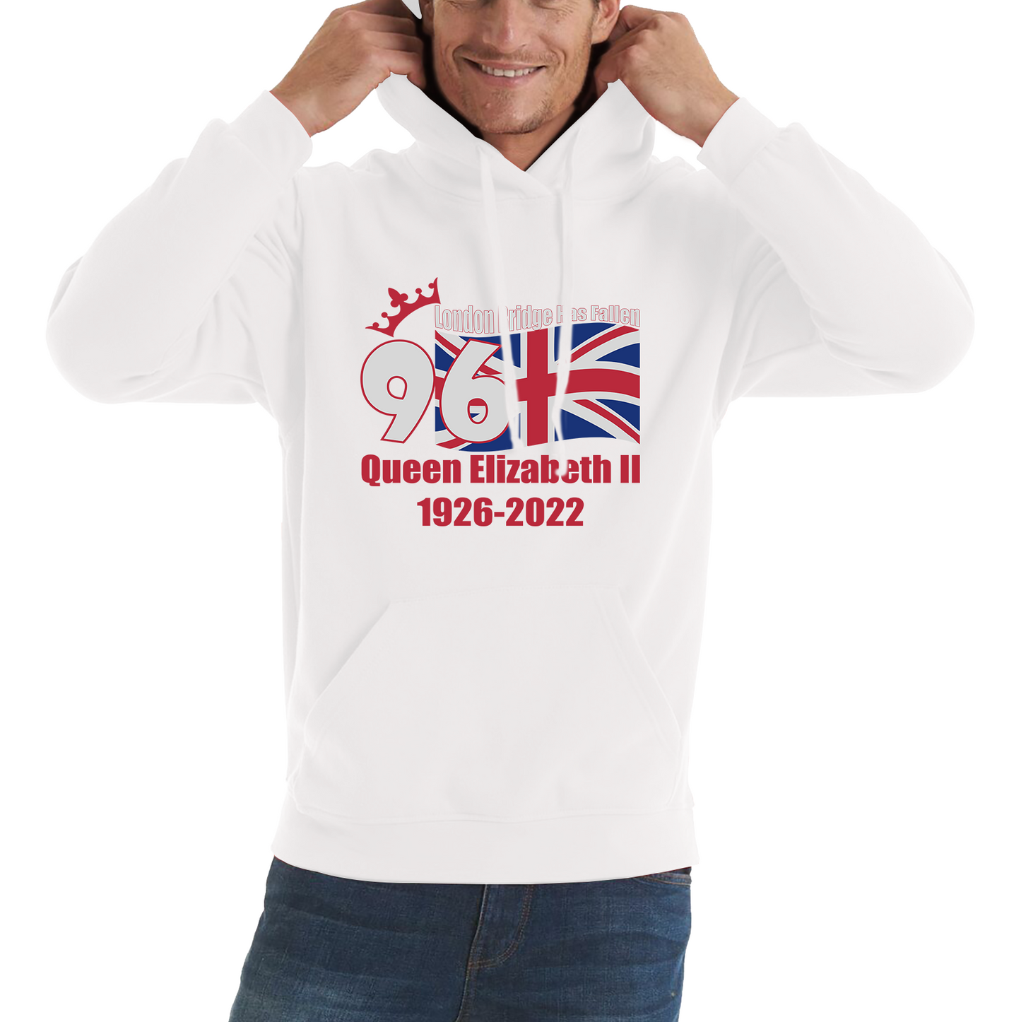 London Bridge Has Fallen 96 Years of Queen Elizabeth II Union Jack British Uk Flag Unisex Hoodie