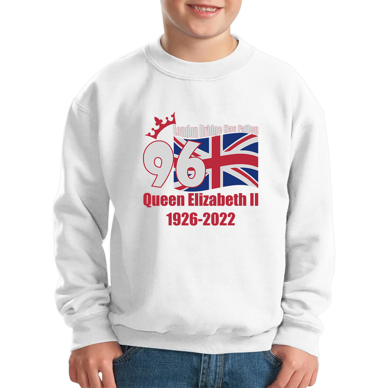 London Bridge Has Fallen 96 Years of Queen Elizabeth II Union Jack British Uk Flag Kids Jumper