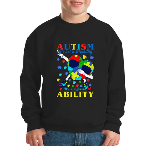 Autism It's Not A Disability Dabbing Autism Heart With Glasses Autism Awareness Puzzle Piece Dab Dance Kids Jumper