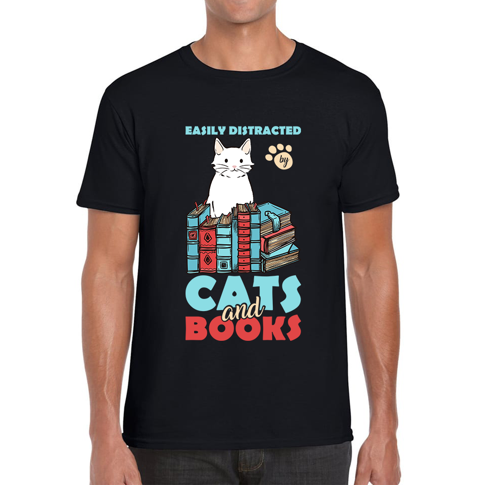 Easily Distracted By Cats And Books Funny Cat Book Reading Quote Mens Tee Top
