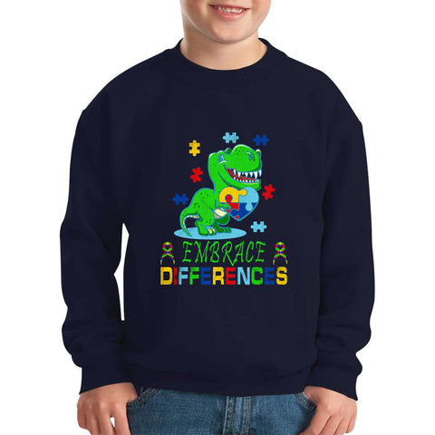 Embrace Differences T-Rex Dinosaur Puzzle Autism Awareness Dino Disability Autism Support Kids Jumper