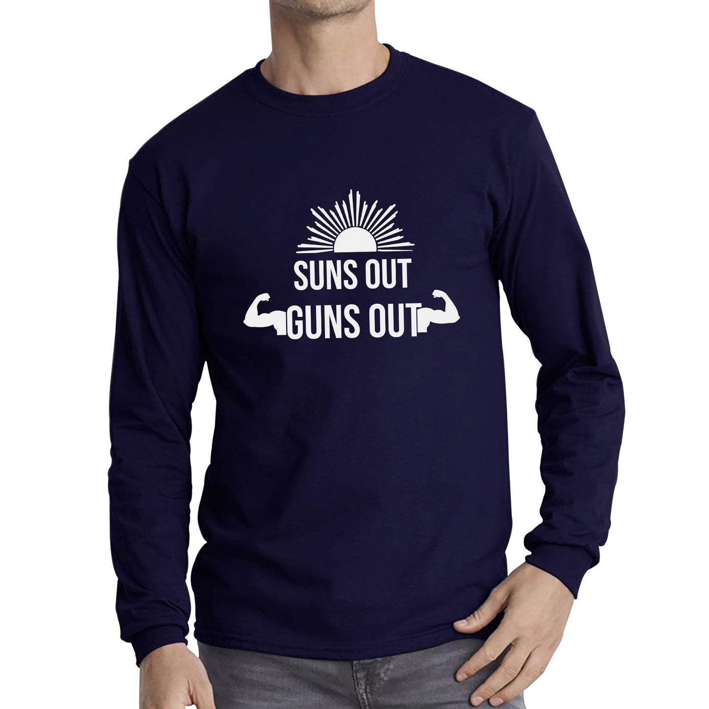 Sun Out Guns Out, Workout Gym Bodybuilding Weightlifting Motivation Long Sleeve T Shirt