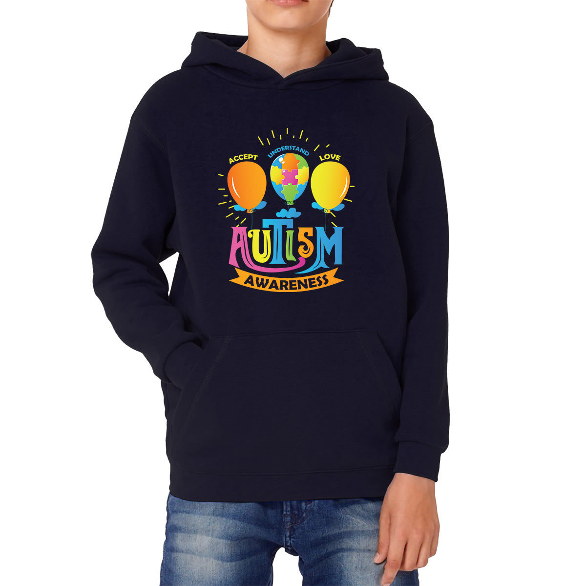 Accept Understand Love Autism Awareness Balloon With Puzzles Jigsaw Autism Support Kids Hoodie