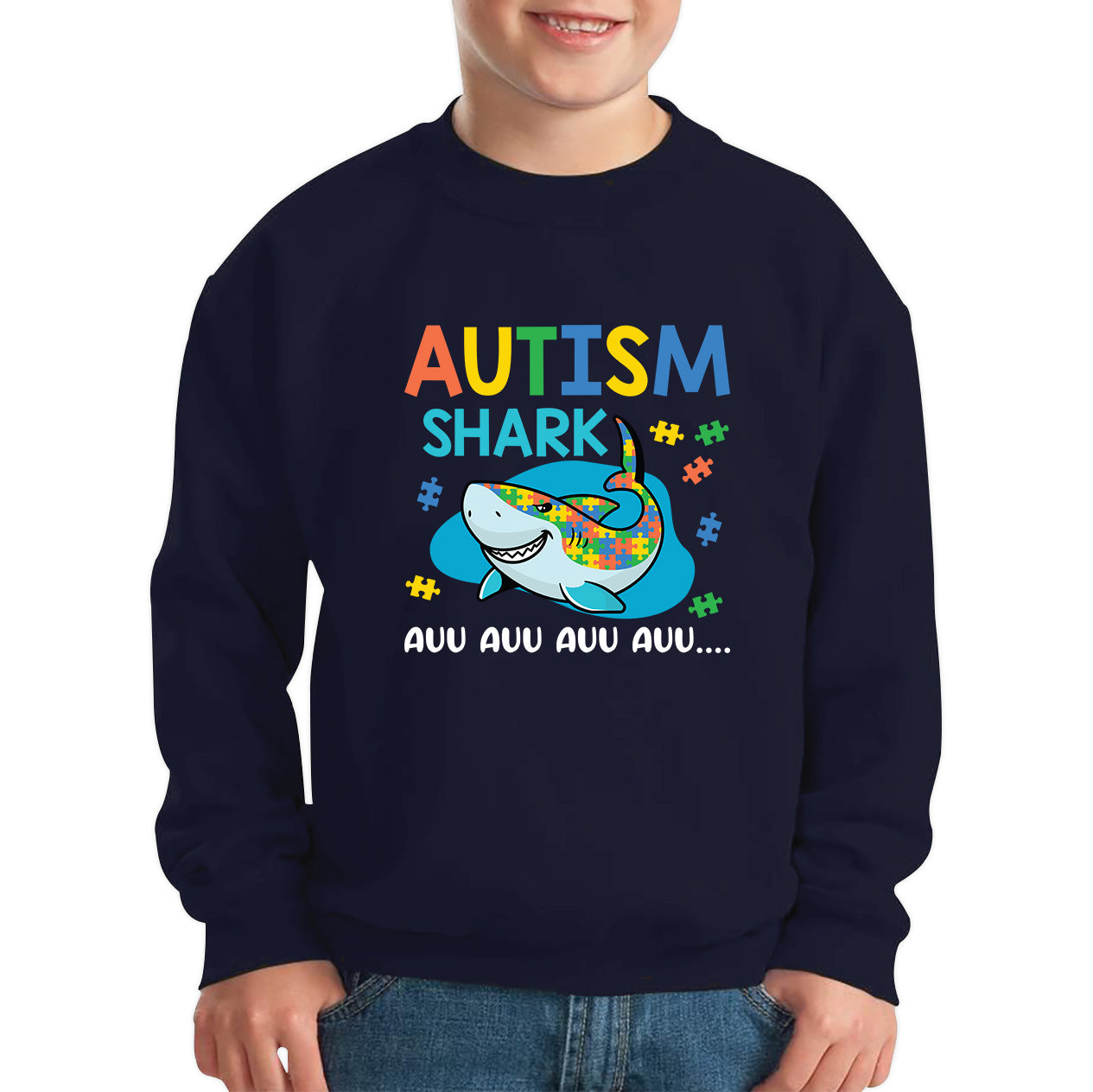 Autism Shark Auu Auu Auu Autism Awareness Month Autistic Support Puzzle Piece Kids Jumper