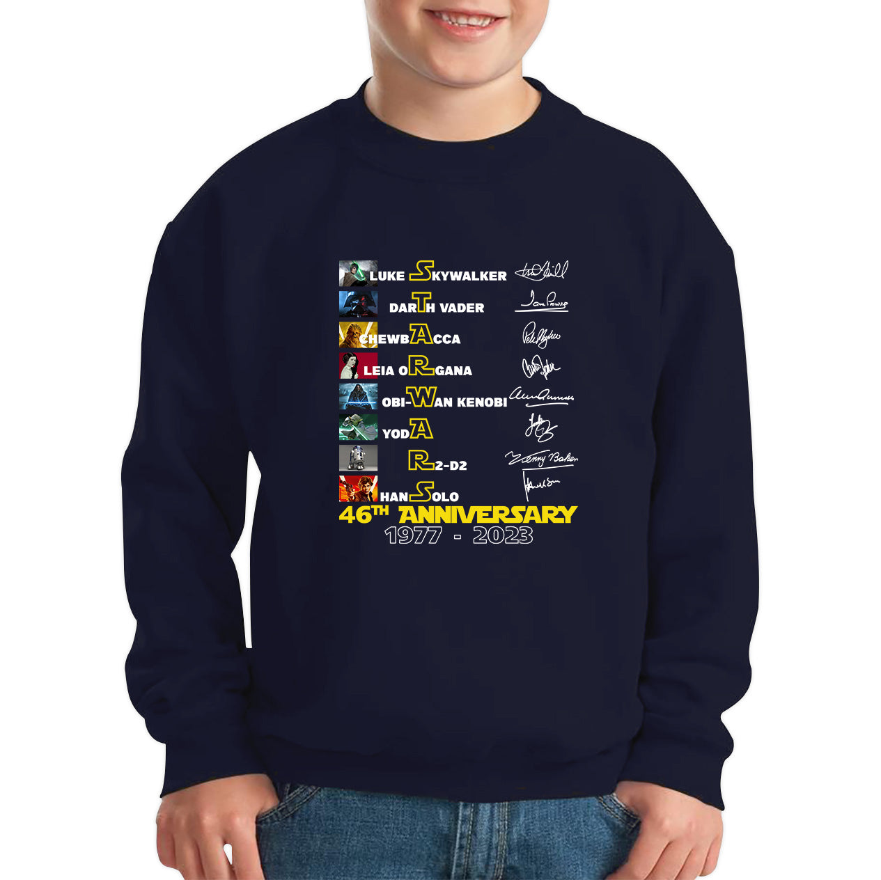 Star Wars 46th Anniversary 1977-2023 All Characters Signatures Disney Star Wars Day Anniversary Kids Jumper