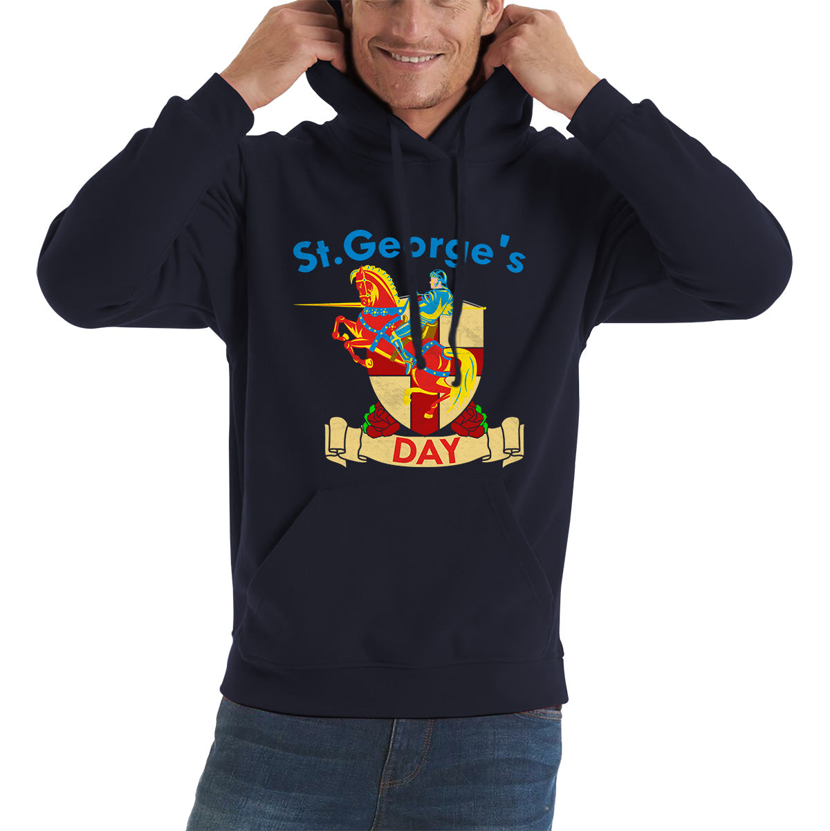 St George's Day England Red Flag Shield Knight Templar Riding His Rearing Horse London Saint George Day Warrior Fighter Patriotic Unisex Hoodie