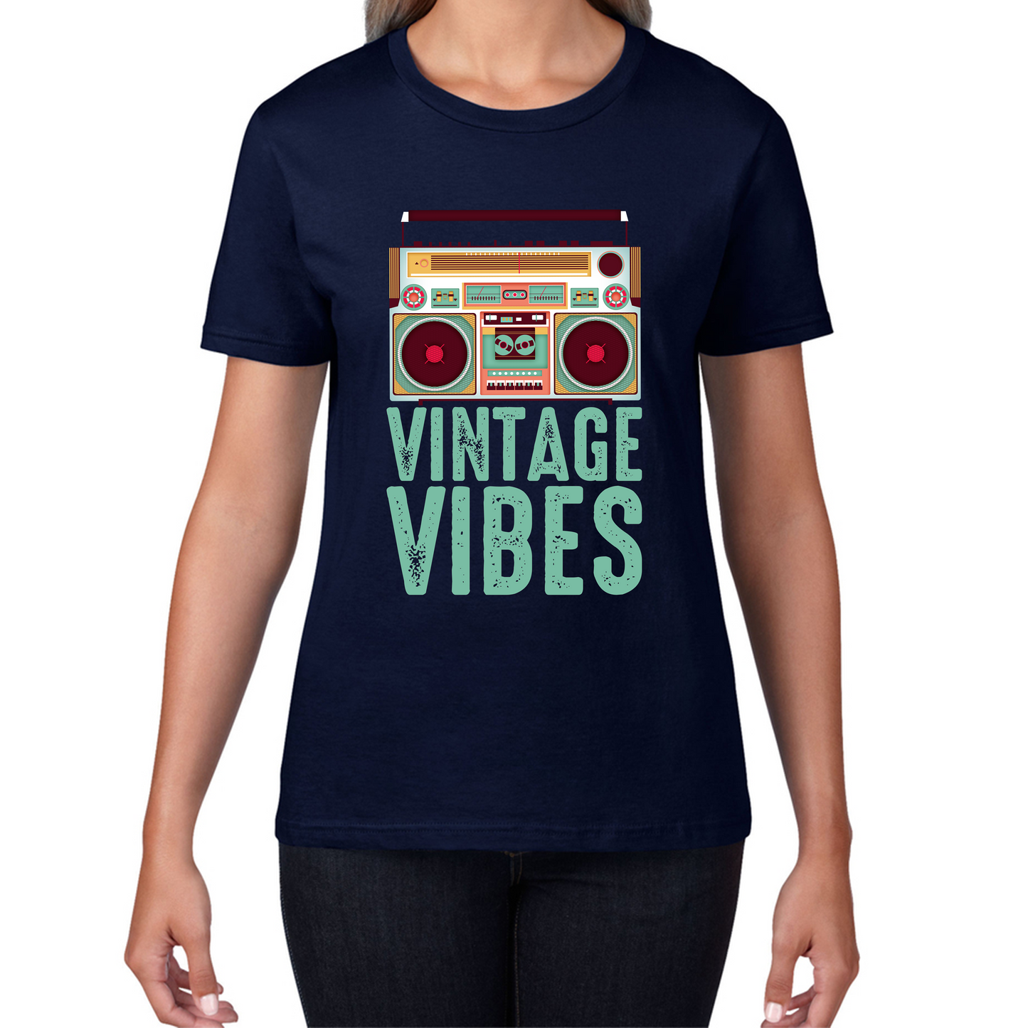 Boombox Vintage Vibes Old School Music Retro Cassette Tape Player Womens Tee Top