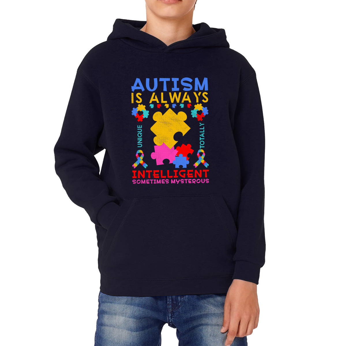 Autism Is Always Unique Totally Intelligent Something Mysterious Autism Awareness Puzzle Kids Hoodie
