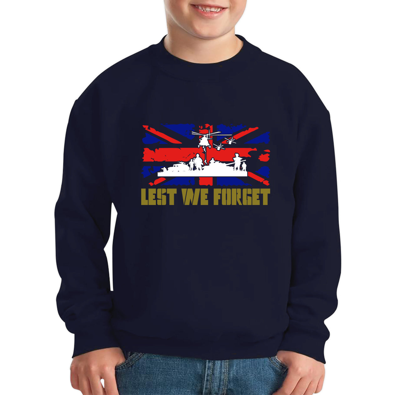 UK Flag British Armed Forces Day Lest We Forget Remembrance Day Veterans Day WWI Poppy Flower Kids Jumper
