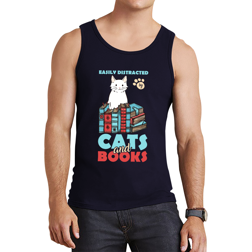 Easily Distracted By Cats And Books Funny Cat Book Reading Quote Tank Top