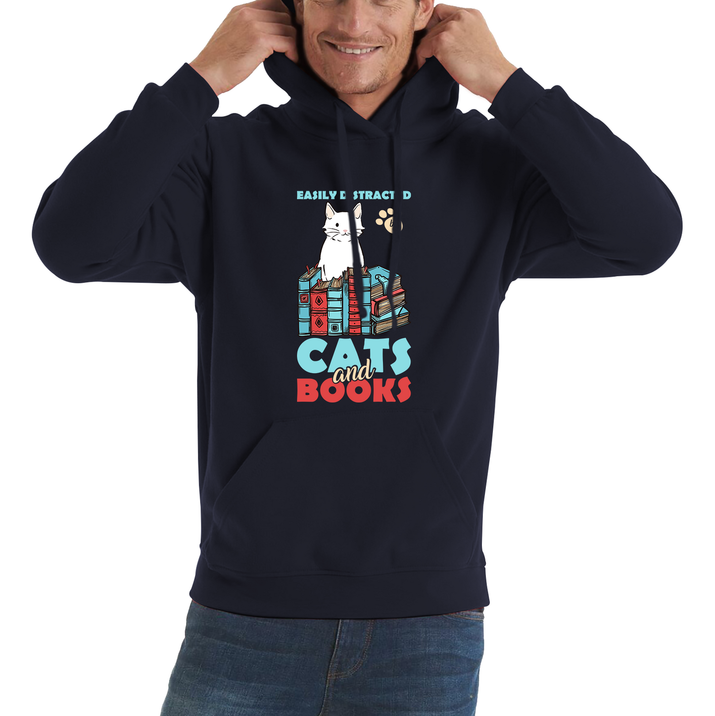 Easily Distracted By Cats And Books Funny Cat Book Reading Quote Unisex Hoodie