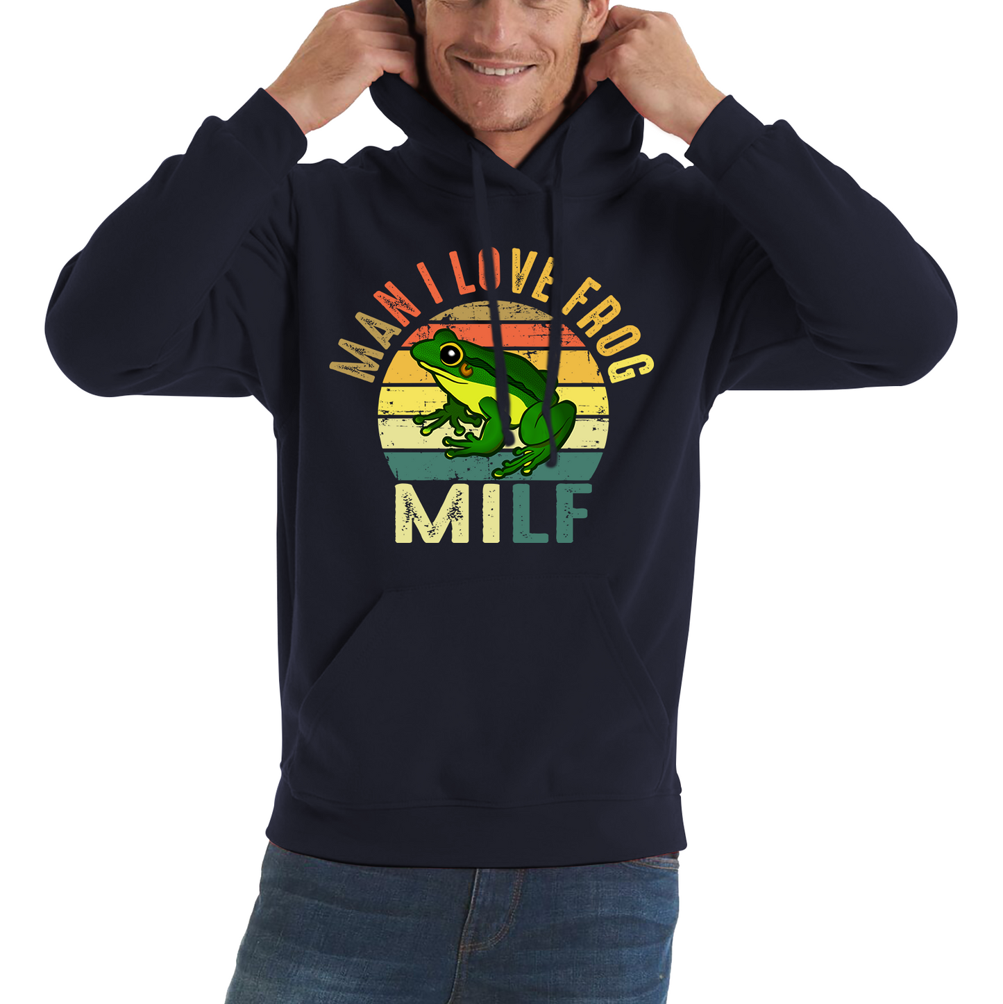 Man I Love Frog Milf Vintage Frog Funny Joke Humour Gift Spoof Milfs Naughty Meme Unisex Hoodie