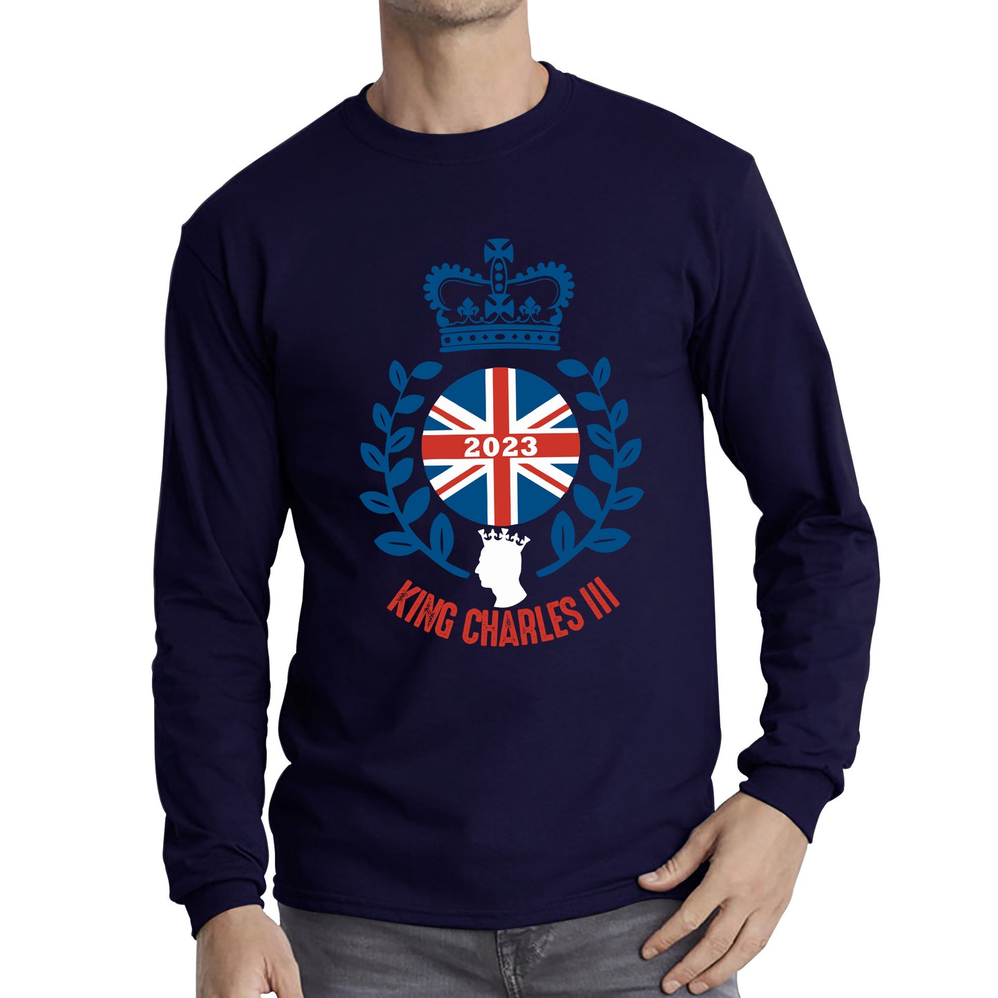 King Charles III Coronation 2023 British United Kingdom Uk Flag CR III Royal Crown His Majesty Union Jack Great Britain Long Sleeve T Shirt
