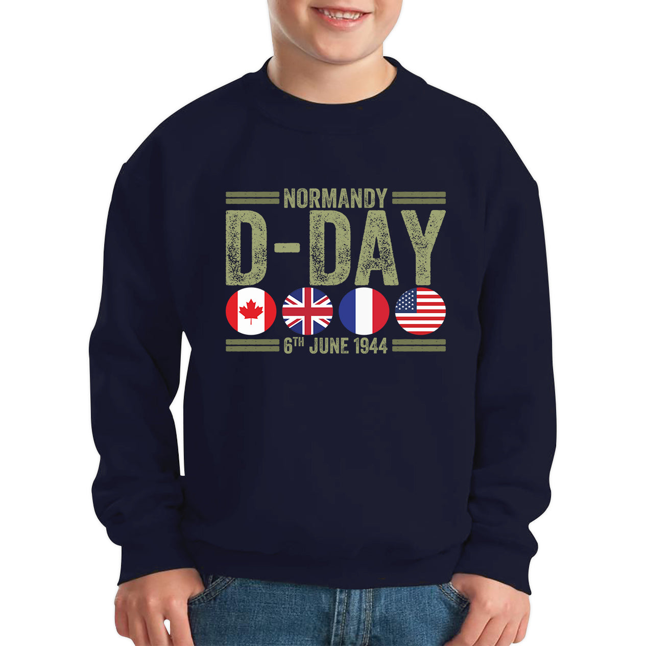 Normandy D-Day 6th June 1944 Normandy Landings World War II British Canadian Airborne Military Seaborne Invasion UK Army Veteran Patriotic Kids Jumper