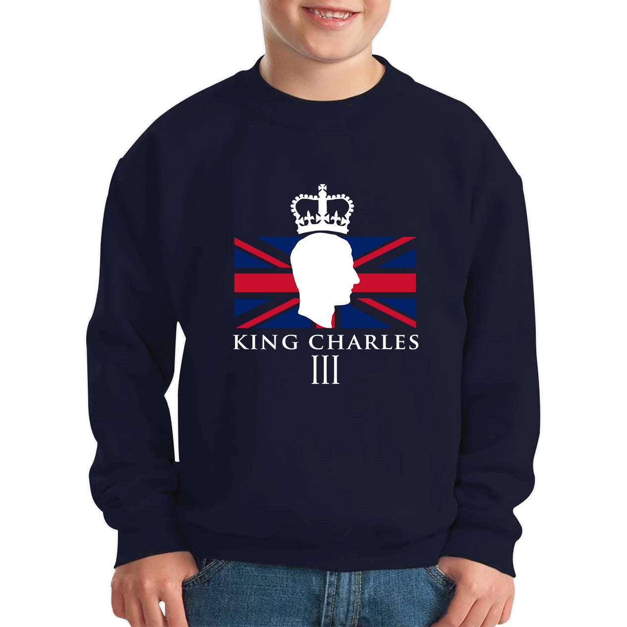 King Charles III Coronation British Flag CR III Royal Crown His Majesty Union Jack Great Britain Kids Jumper