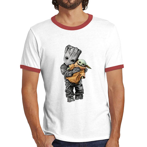 Baby Groot Holding Baby Yoda Avengers Hero Star Avenger Jedi Wars Star Wars Day 46th Anniversary Ringer T Shirt