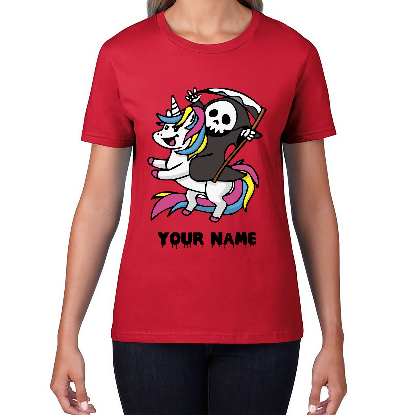 Personalised Cute Death Riding A Kawaii Unicorn Your Name Womens Tee Top
