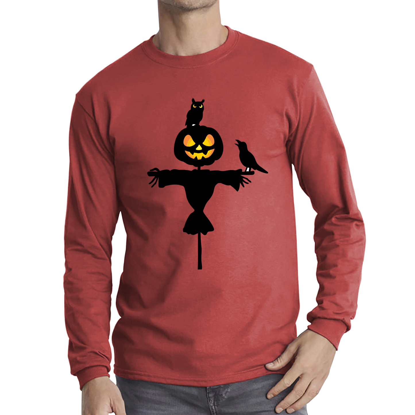 Scarecrow With Owl And Raven Halloween Pumpkin Head Horror Scary Long Sleeve T Shirt