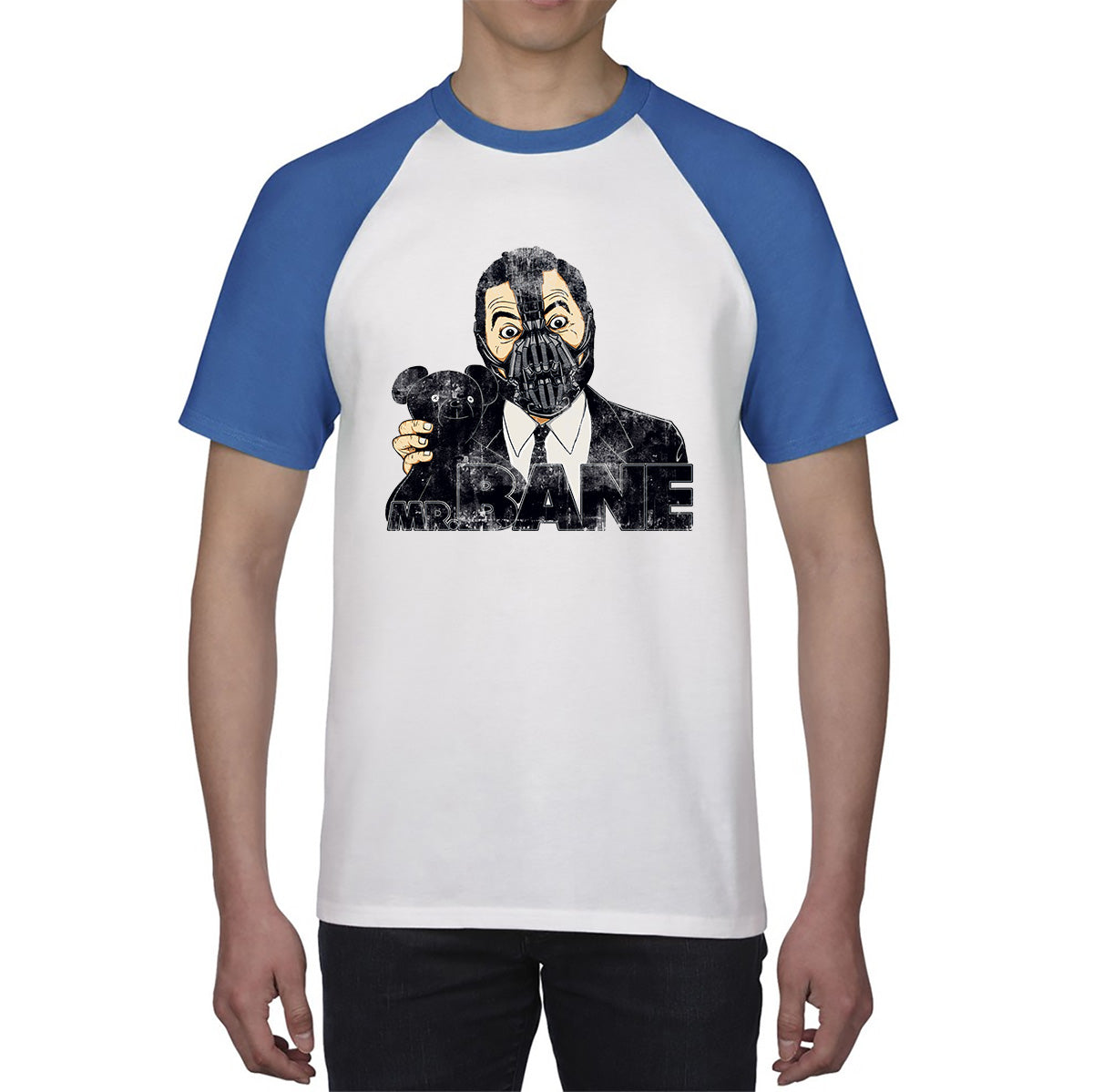 Mr. Bean With Teddy Spoof Mr. Bane Osito Supervillain Metahuman The Man Who Broke The Bat Comic Book Character Baseball T Shirt