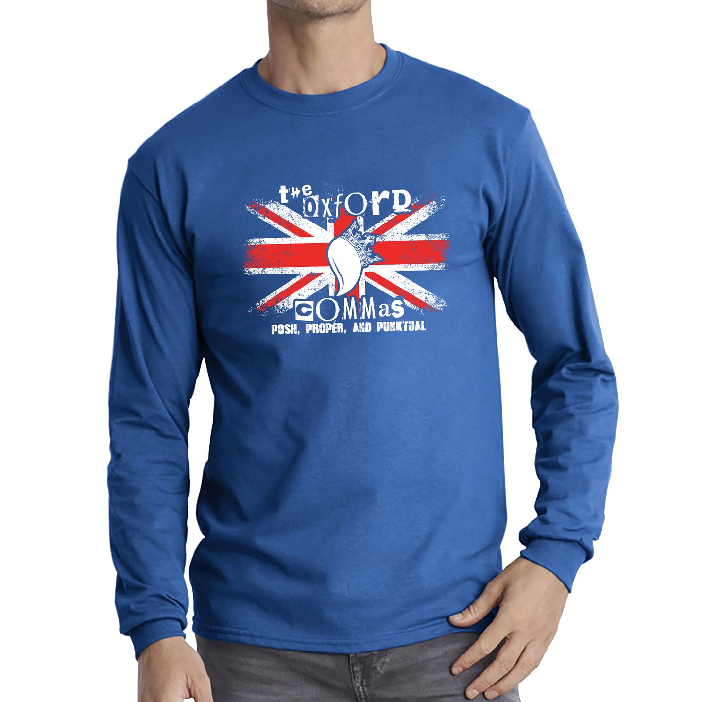 The Oxford Commas Push, Proper and Punktual Funny Grammar UK Flag Long Sleeve T Shirt