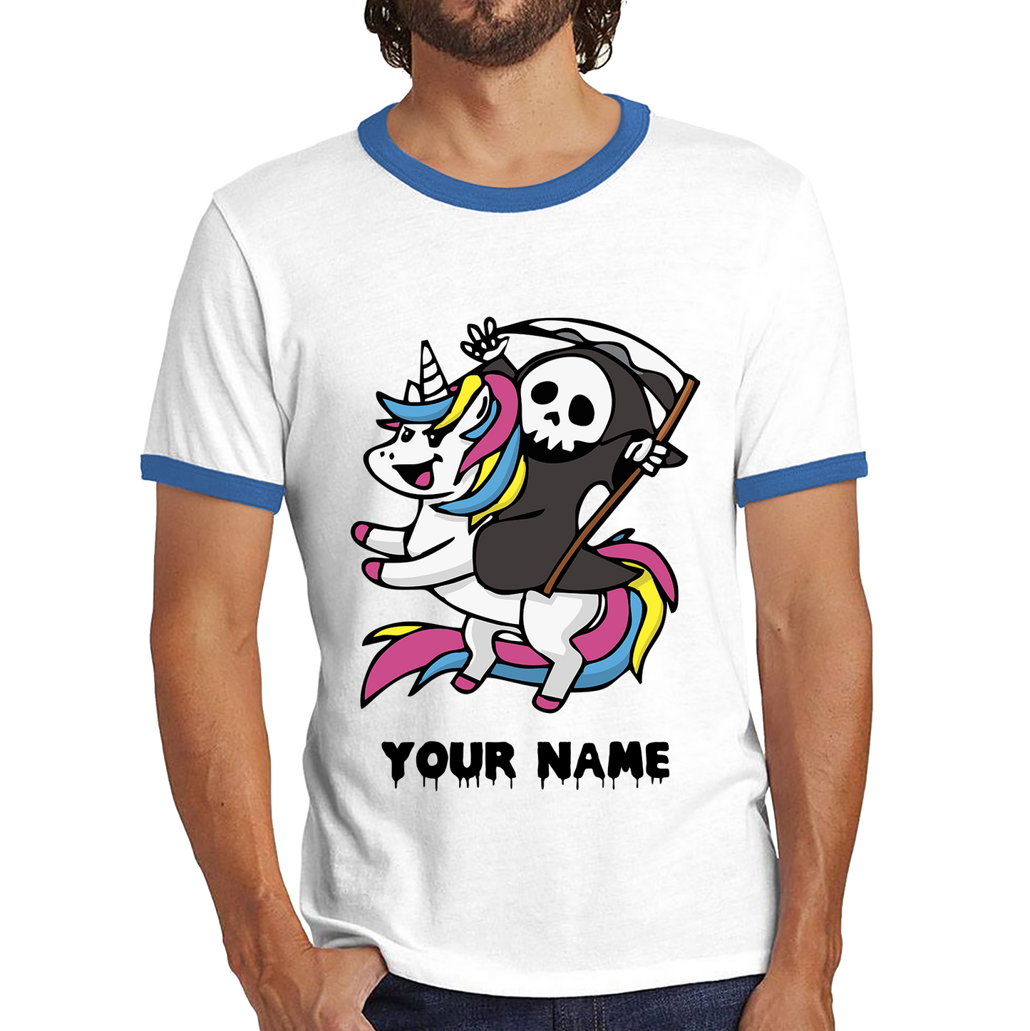 Personalised Cute Death Riding A Kawaii Unicorn Your Name Ringer T Shirt
