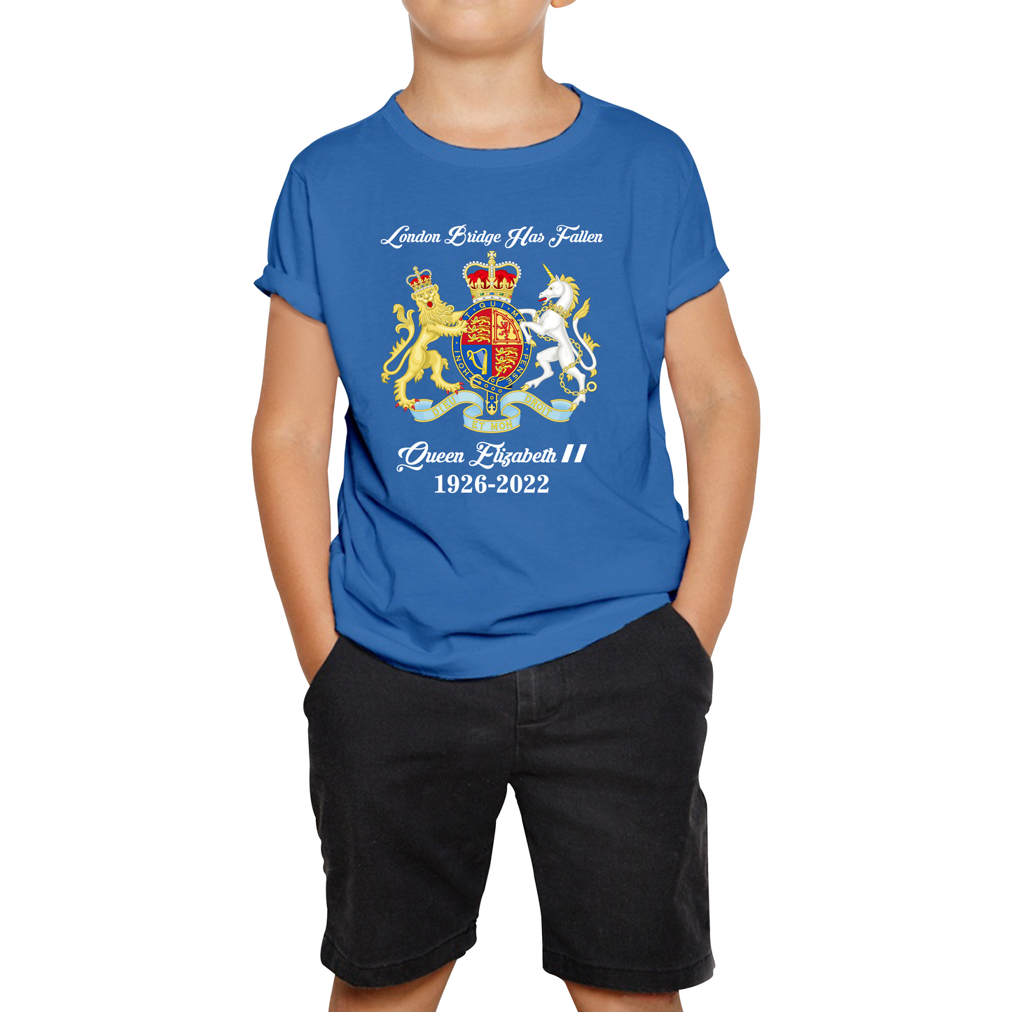 London Bridge Has Fallen Queen Elizabeth II Union Jack Queen's Crown Kids Tee