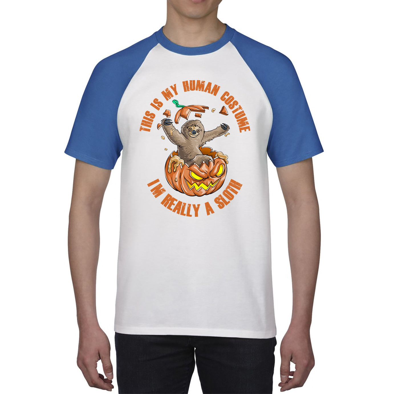 This Is My Human Costume I'm Really A Sloth Halloween Pumpkin Horror And Scary Pumpkin Face Baseball T Shirt