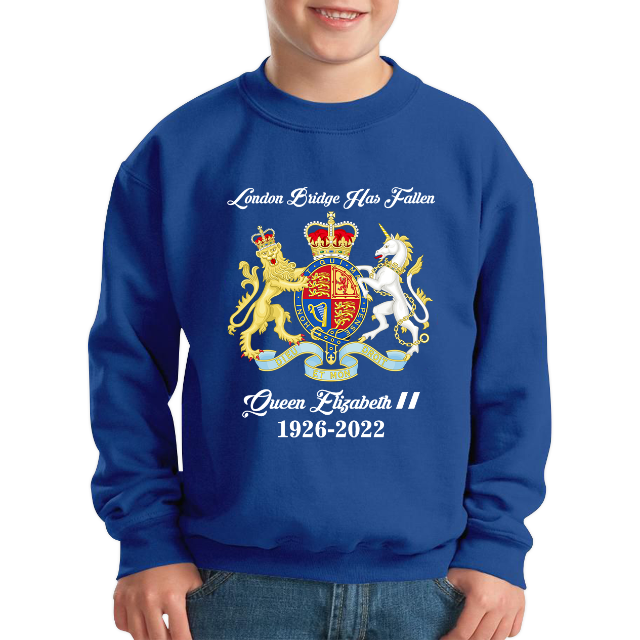 London Bridge Has Fallen Queen Elizabeth II Union Jack Queen's Crown Kids Jumper