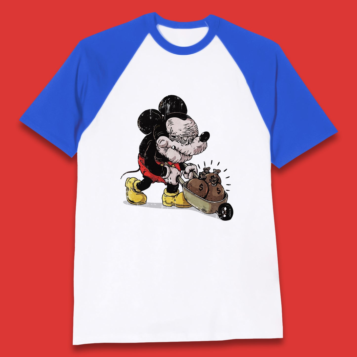 Disney Famous Oldies Mickey Mouse Pull Wheelbarrow Full Of Money Bags Cartoon Character Disney World Baseball T Shirt