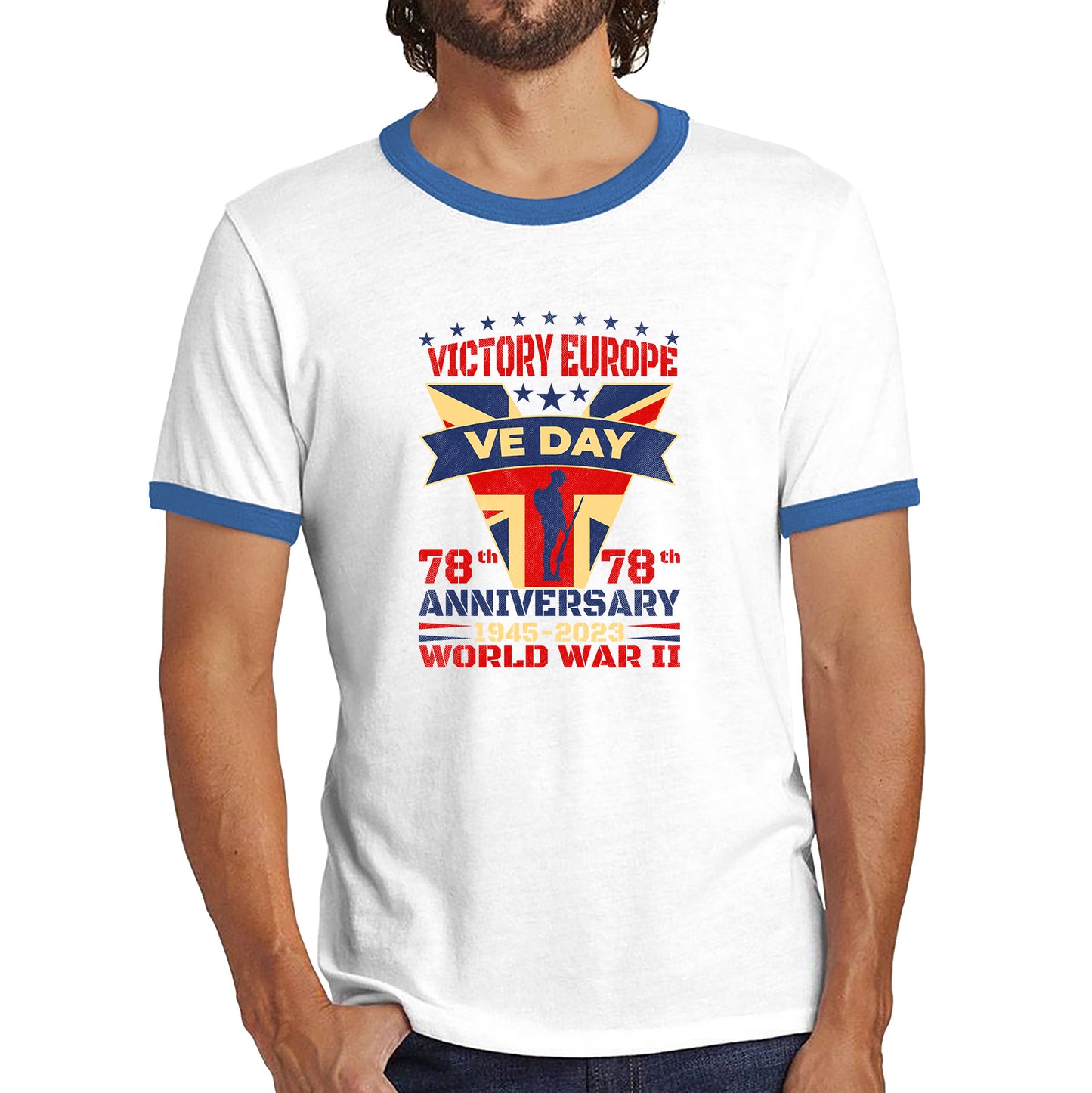 VE Day Victory In Europe Day Lest We Forget 1945-2023 World War II 78th Anniversary Remembrance Day British UK Veterans Ringer T Shirt