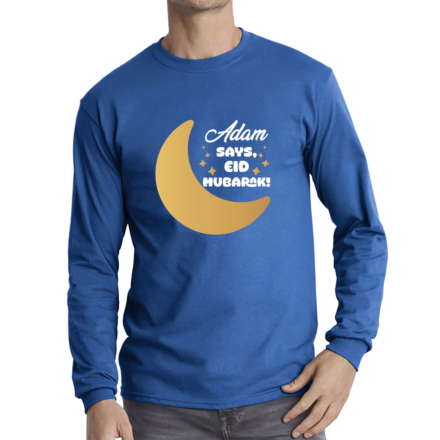 Personalised Your Name Says Eid Mubarak Moon Islamic Blessed Festive Celebration Religious Holy Month Long Sleeve T Shirt