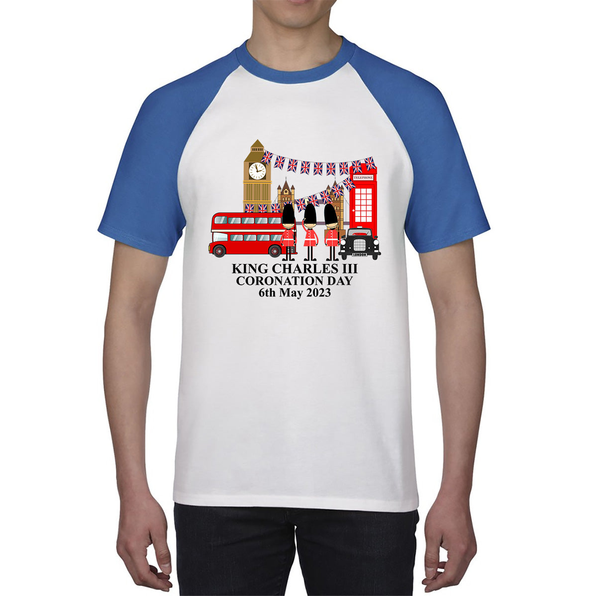 King Charles III Coronation Day 6th May 2023 Great Britain Big Ben Tower Telephone Booth And Red Bus London England Flag Baseball T Shirt