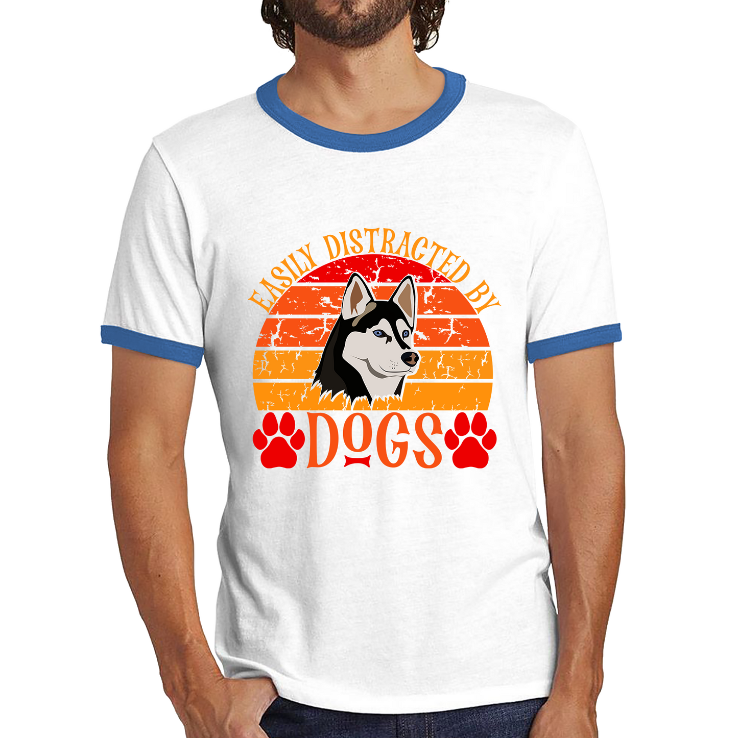 Easily Distracted By Dogs Vintage Retro Siberian Husky Dog Lovers Ringer T Shirt