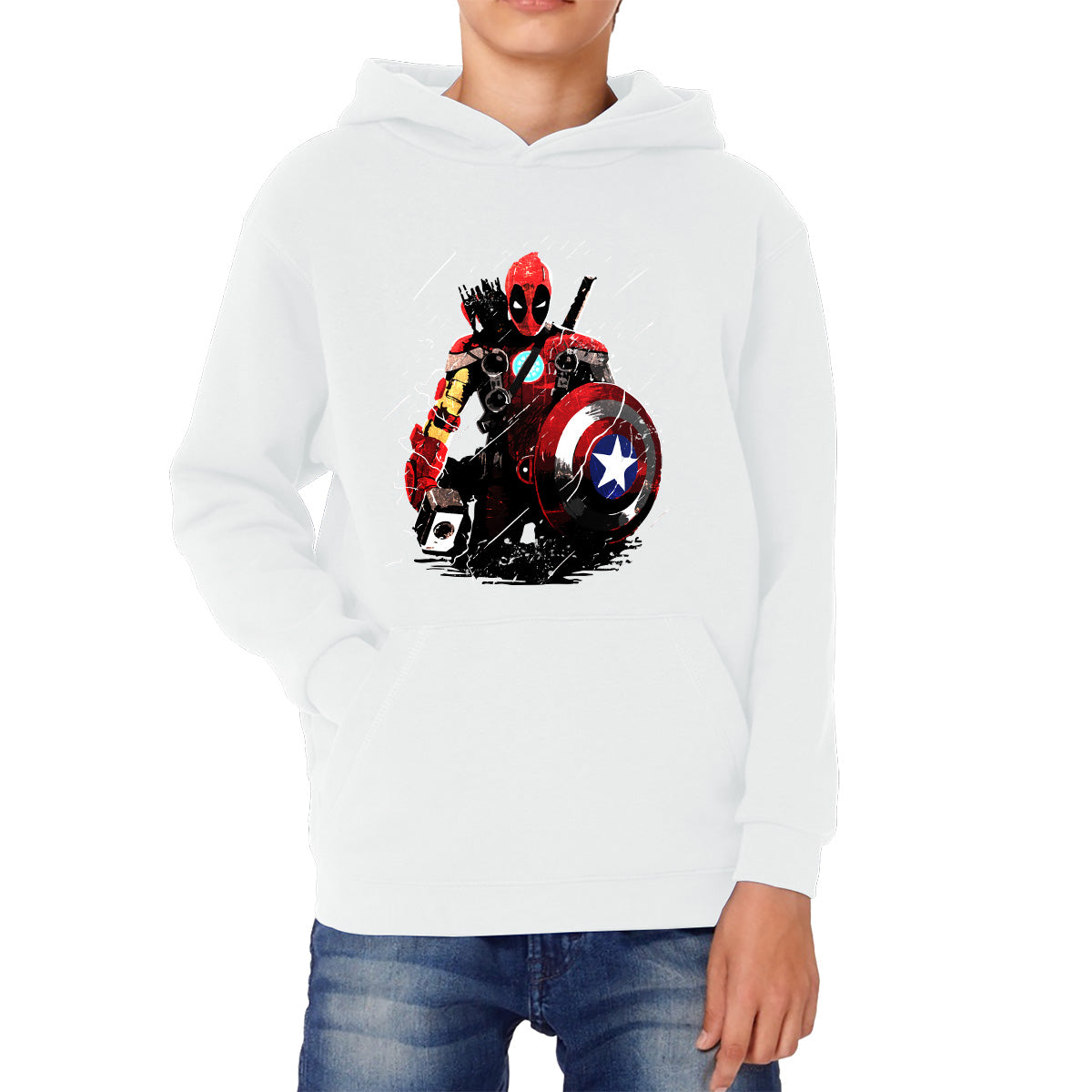Deadpool With All Marvel Superhero Weapons Captain America, Spired-man, Iron Man, Deadpool, Thor, And Hawkeye Kids Hoodie