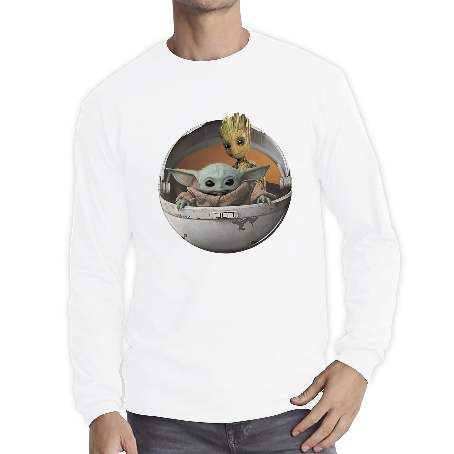 Grogu Baby Yoda And Baby Groot The Mandalorian Disney Star Wars Child In Hover Pod Pram Disney Star Wars Day 46th Anniversary Long Sleeve T Shirt