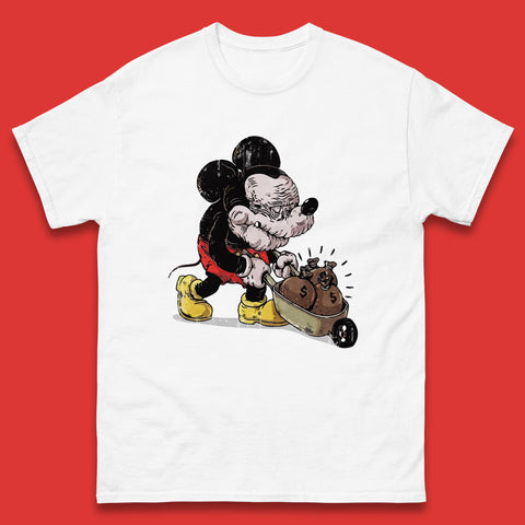 Disney Famous Oldies Mickey Mouse Pull Wheelbarrow Full Of Money Bags Cartoon Character Disney World Mens Tee Top