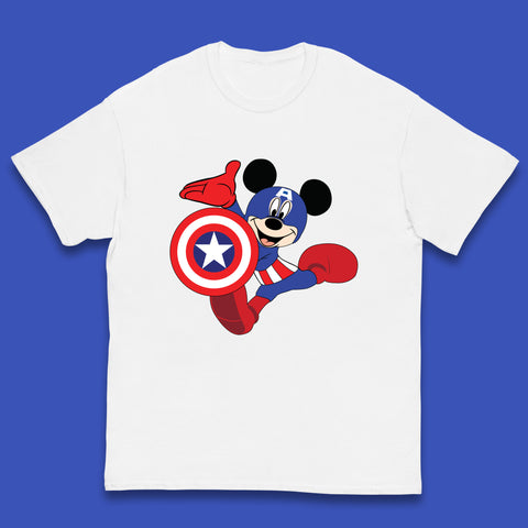 Mickey Mouse Wearing Captain America Costume Disney Marvel Avengers Superhero Disney World Marvel Disney Avengers Campus Kids T Shirt