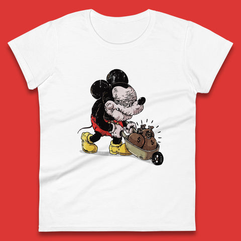 Disney Famous Oldies Mickey Mouse Pull Wheelbarrow Full Of Money Bags Cartoon Character Disney World Womens Tee Top