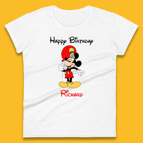 Personalised Happy Birthday Disney Mickey Mouse Your Name Cute Cartoon Character Disney Birthday Theme Party  Womens Tee Top