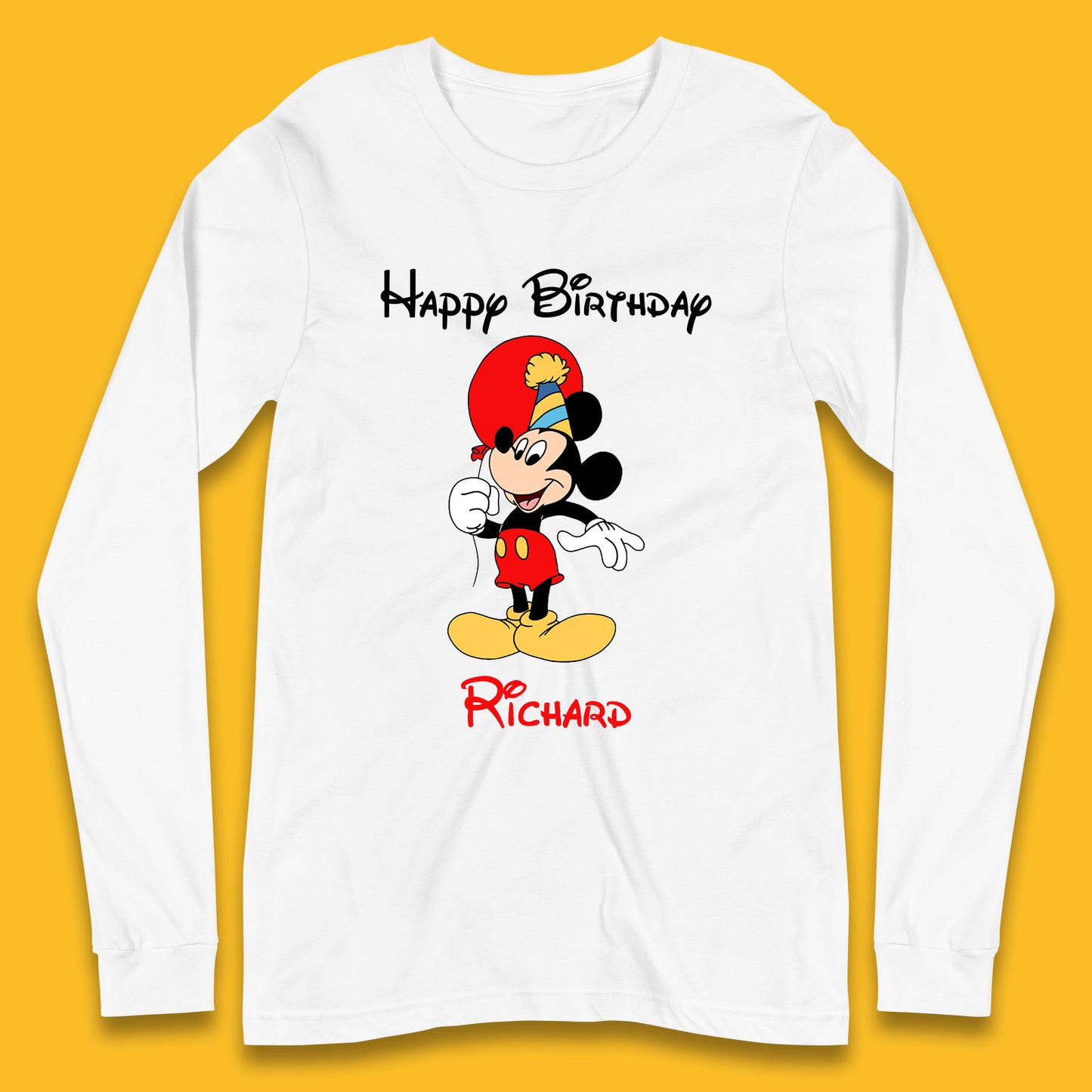 Personalised Happy Birthday Disney Mickey Mouse Your Name Cute Cartoon Character Disney Birthday Theme Party Long Sleeve T Shirt