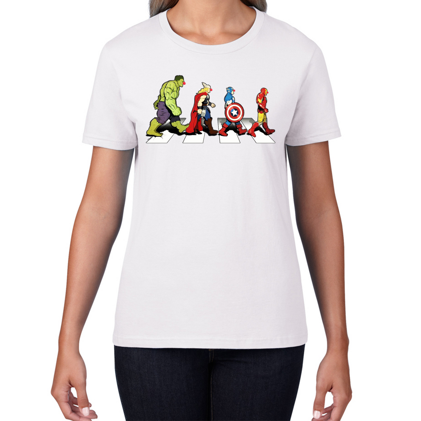 Hulk Thor Captain America Iron Man Marvel Avengers Abbey Road Red Nose Day T Shirt