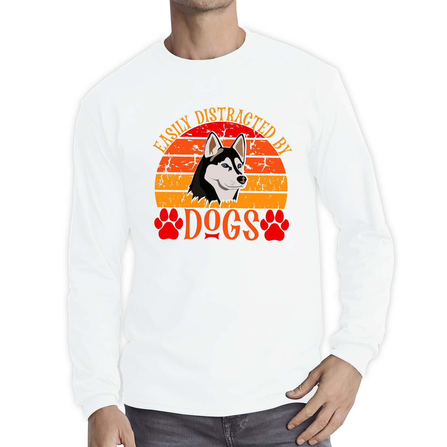 Easily Distracted By Dogs Vintage Retro Siberian Husky Dog Lovers Long Sleeve T Shirt