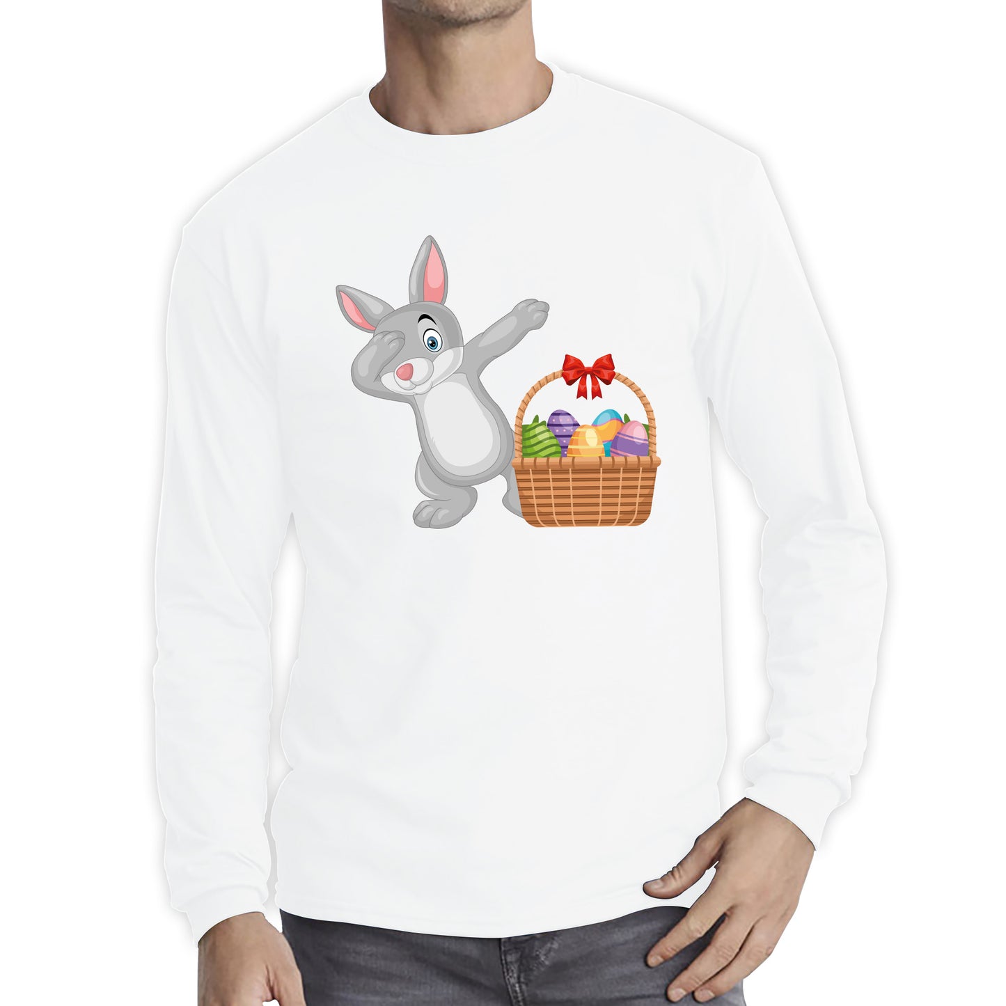 Dabbing Bunny With Eggs Basket Happy Easter Day Cute Rabbit Bunny Easter Day Long Sleeve T Shirt