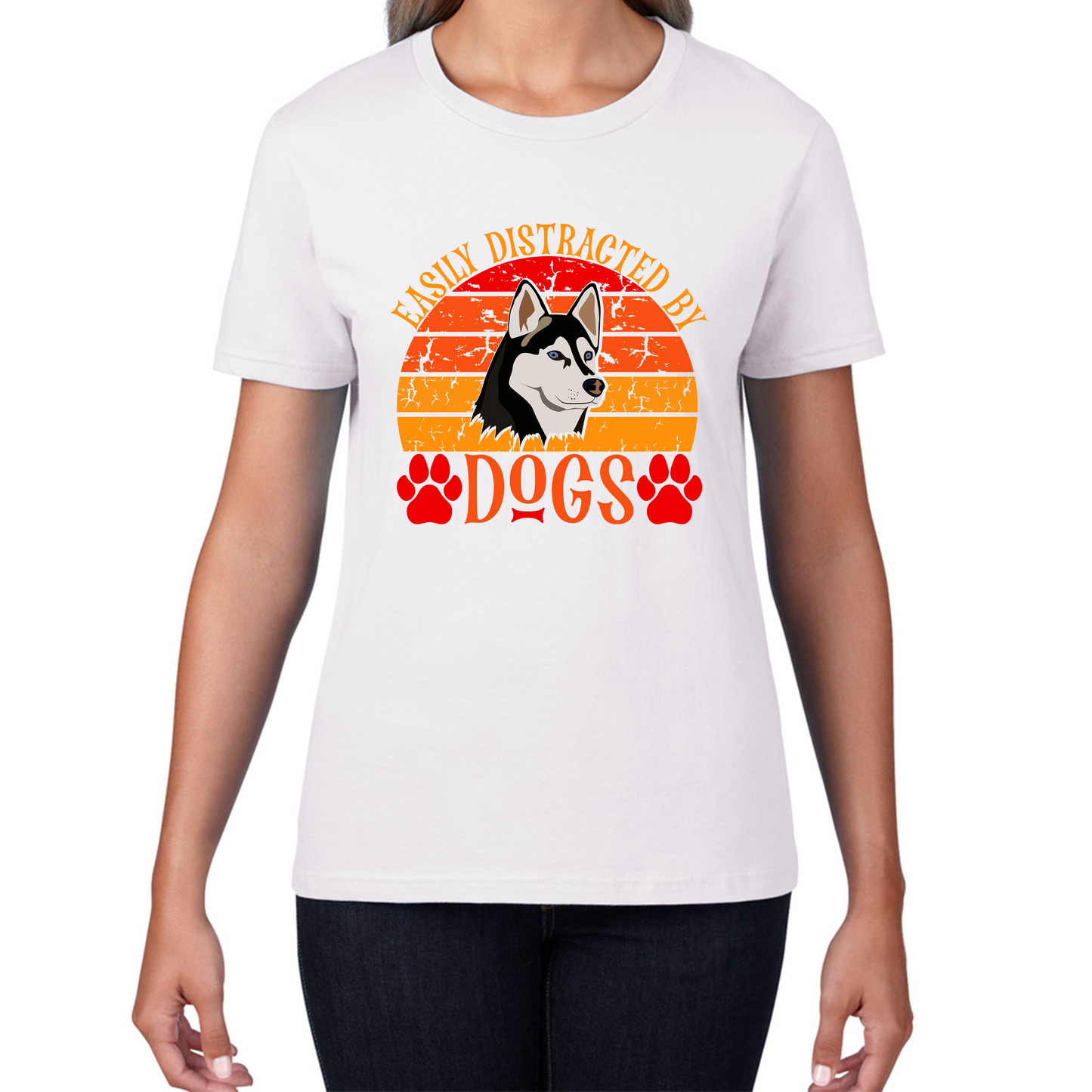 Easily Distracted By Dogs Vintage Retro Siberian Husky Dog Lovers Womens Tee Top