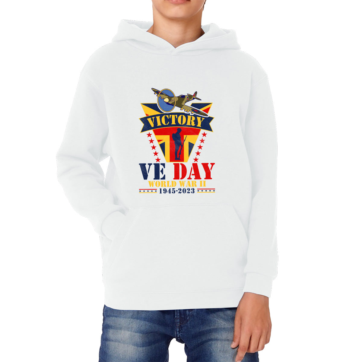 VE Day Victory In Europe End Of World War II 1945-2023 Anniversary Remembrance Day Soldier Spitfire British Fighter Aircraft UK Flag Kids Hoodie