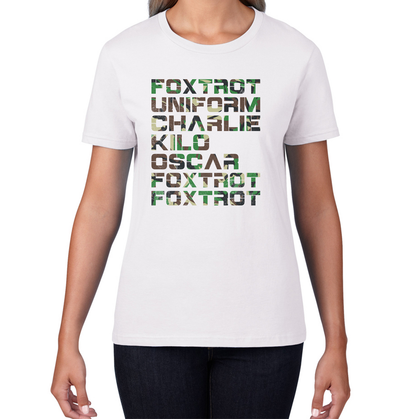 Foxtrot Uniform Charlie Kilo Oscar Foxtrot Camo Fitness Phonetic Alphabet Military Womens Tee Top