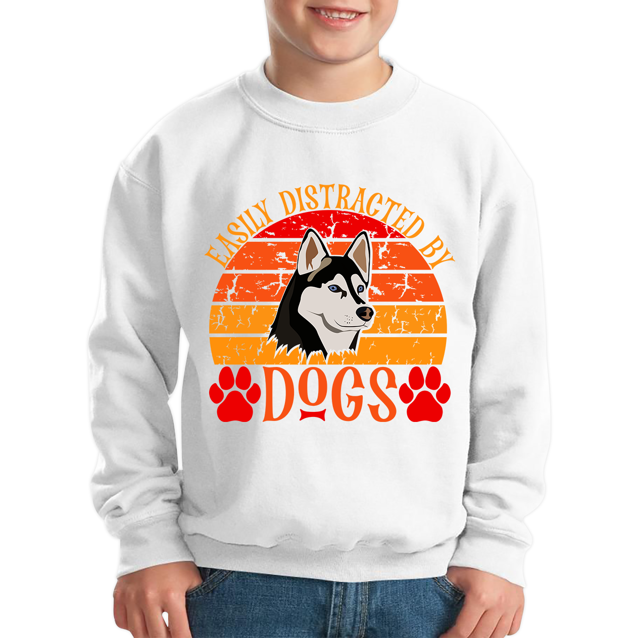 Easily Distracted By Dogs Vintage Retro Siberian Husky Dog Lovers Kids Jumper